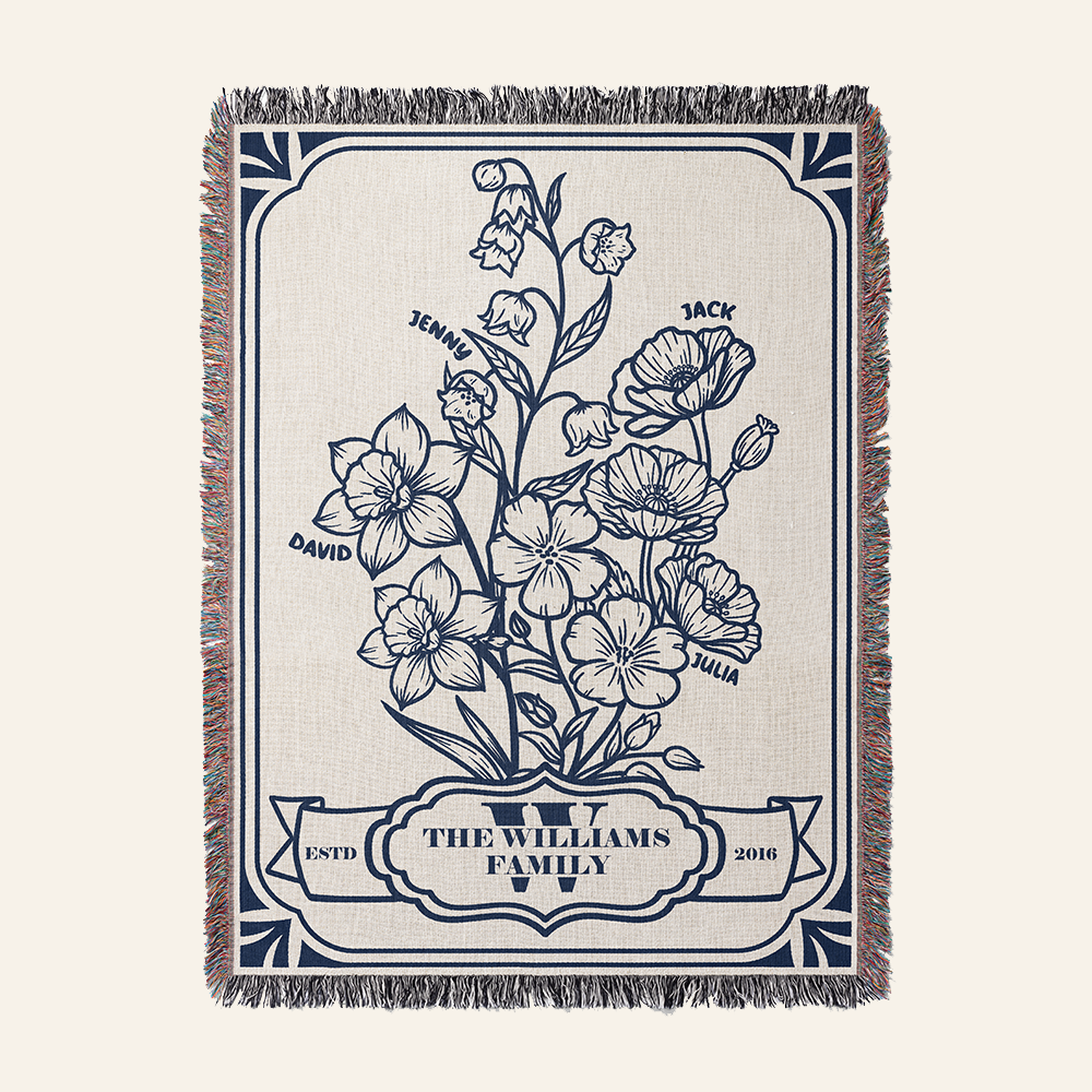 Personalized Vintage Flower Bunch Family Woven Blanket