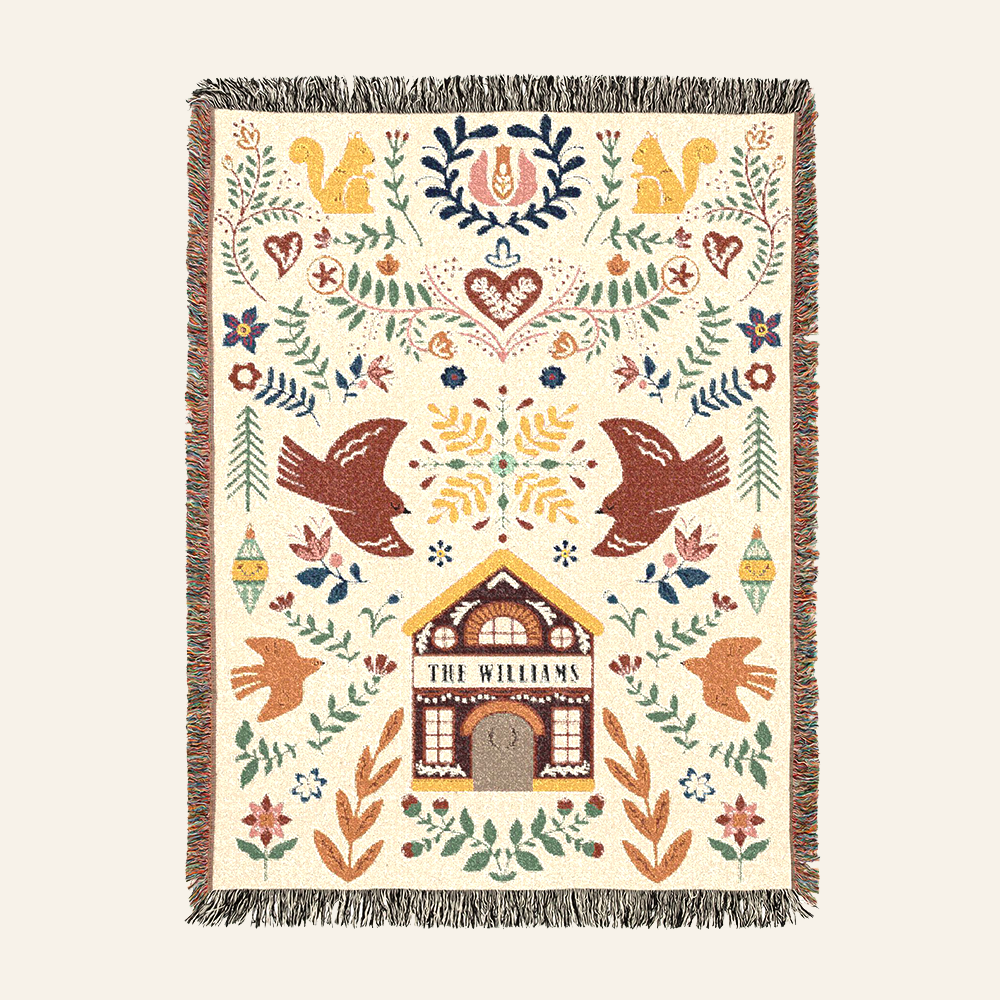 Personalized Family Garden Folk Art Red Woven Blanket