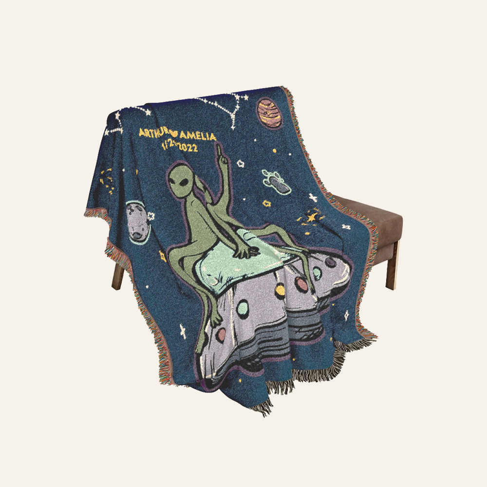 Personalized Alien Couple Zodiac Signs Woven Blanket