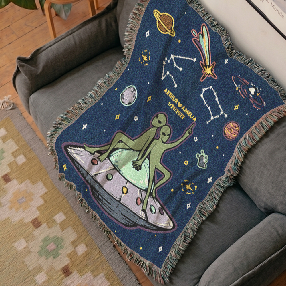 Personalized Alien Couple Zodiac Signs Woven Blanket