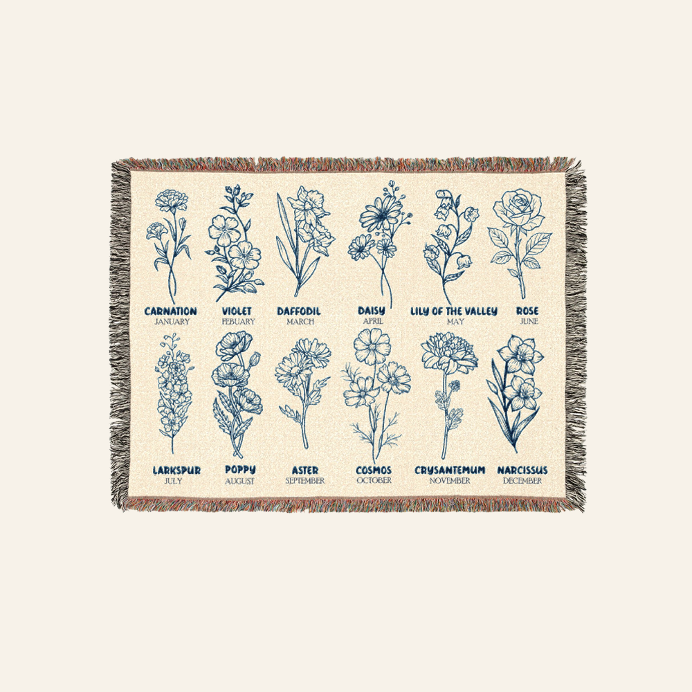 Personalized Mr. & Mrs. Wedding Birth Flower Woven Blanket