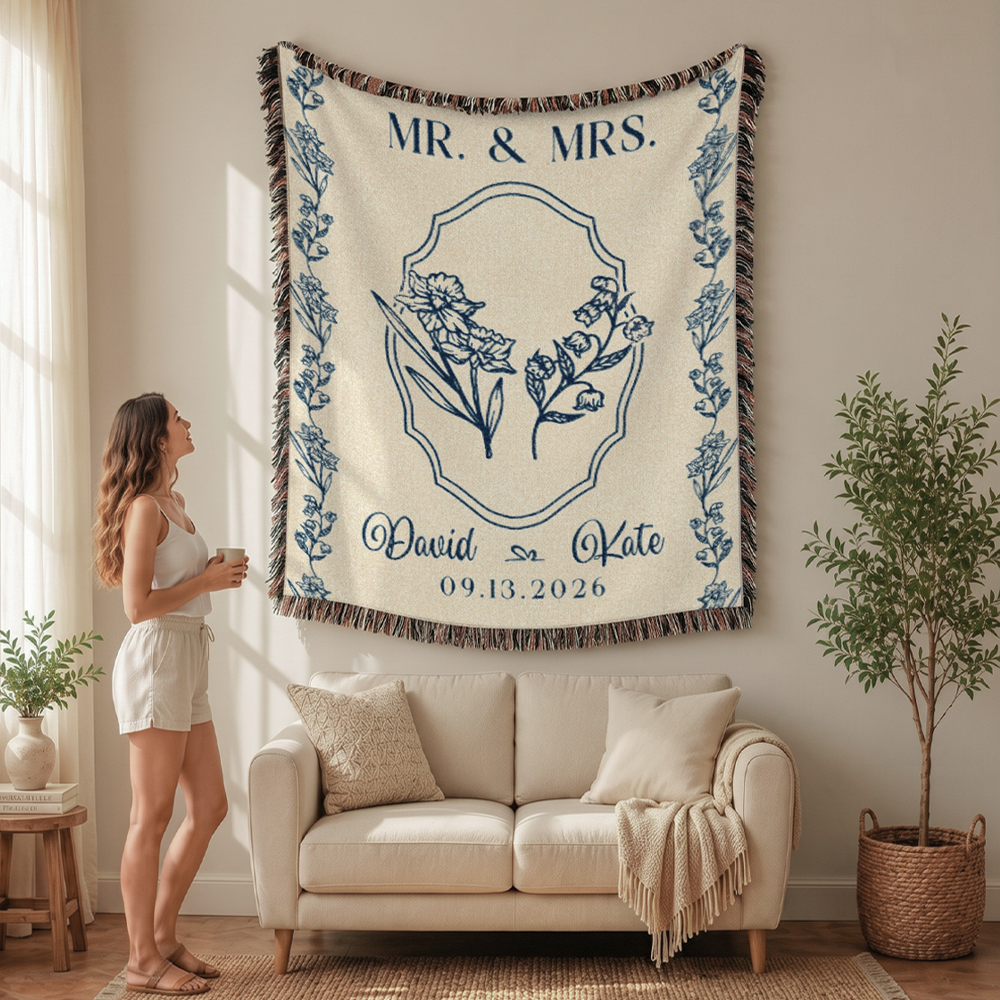 Personalized Mr. & Mrs. Wedding Birth Flower Woven Blanket