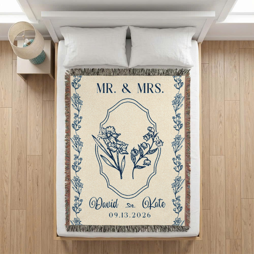 Personalized Mr. & Mrs. Wedding Birth Flower Woven Blanket