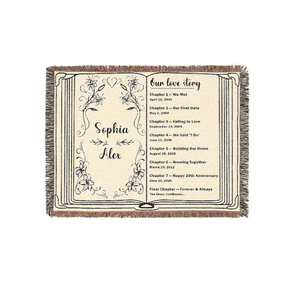 Personalized Couple Timeline Storybook Woven Blanket