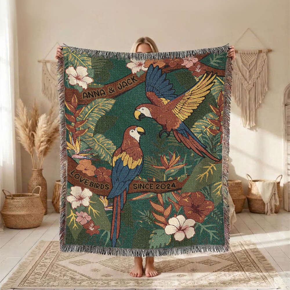 Personalized Love Birds Tropical Couple Woven Blanket