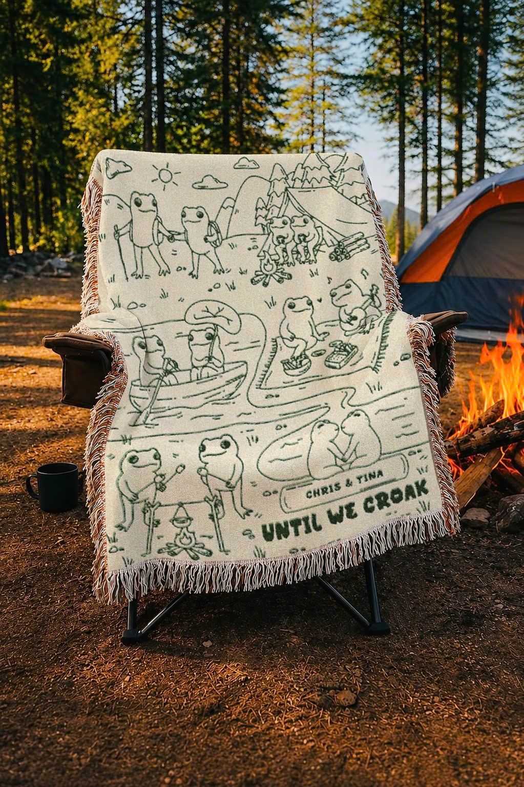 Personalized Couple Frog Camping Croak Woven Blanket