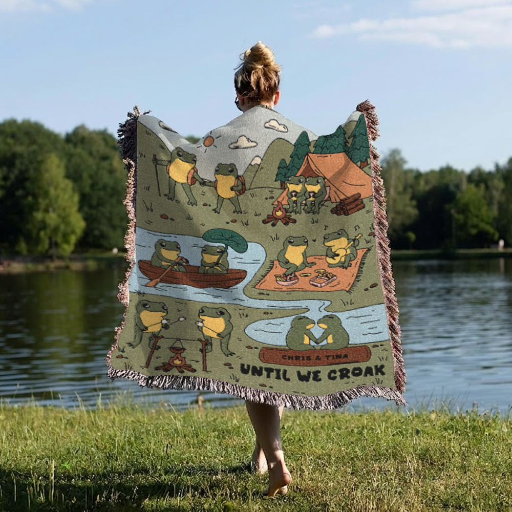 Personalized Couple Frog Camping Funny Croak Woven Blanket