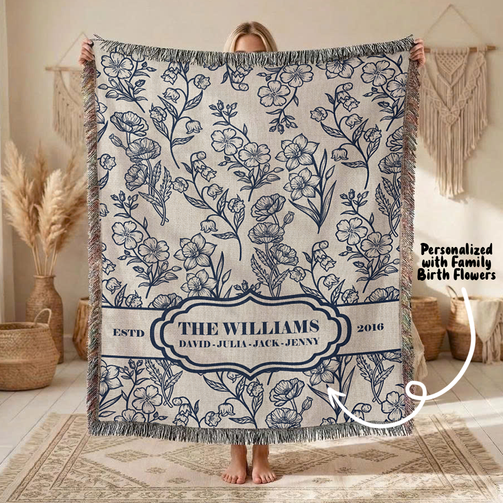 Personalized Flower Month Family Woven Blanket