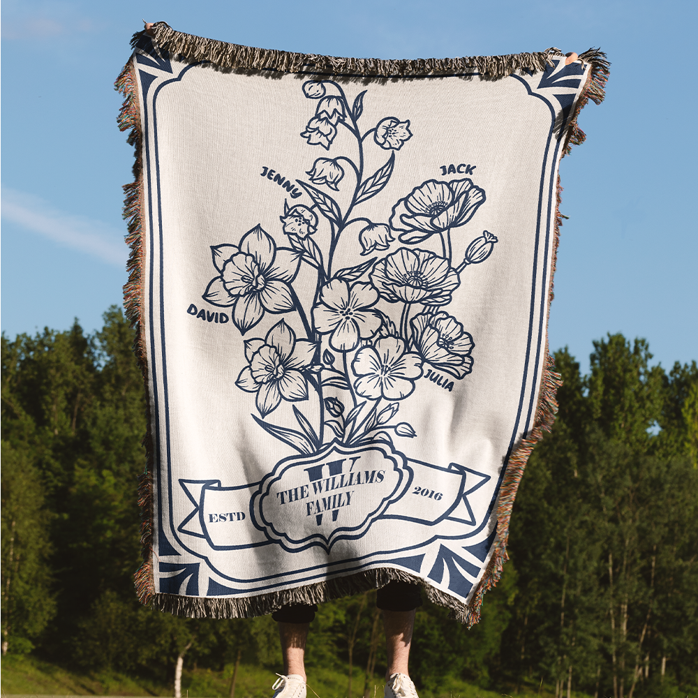Personalized Vintage Flower Bunch Family Woven Blanket