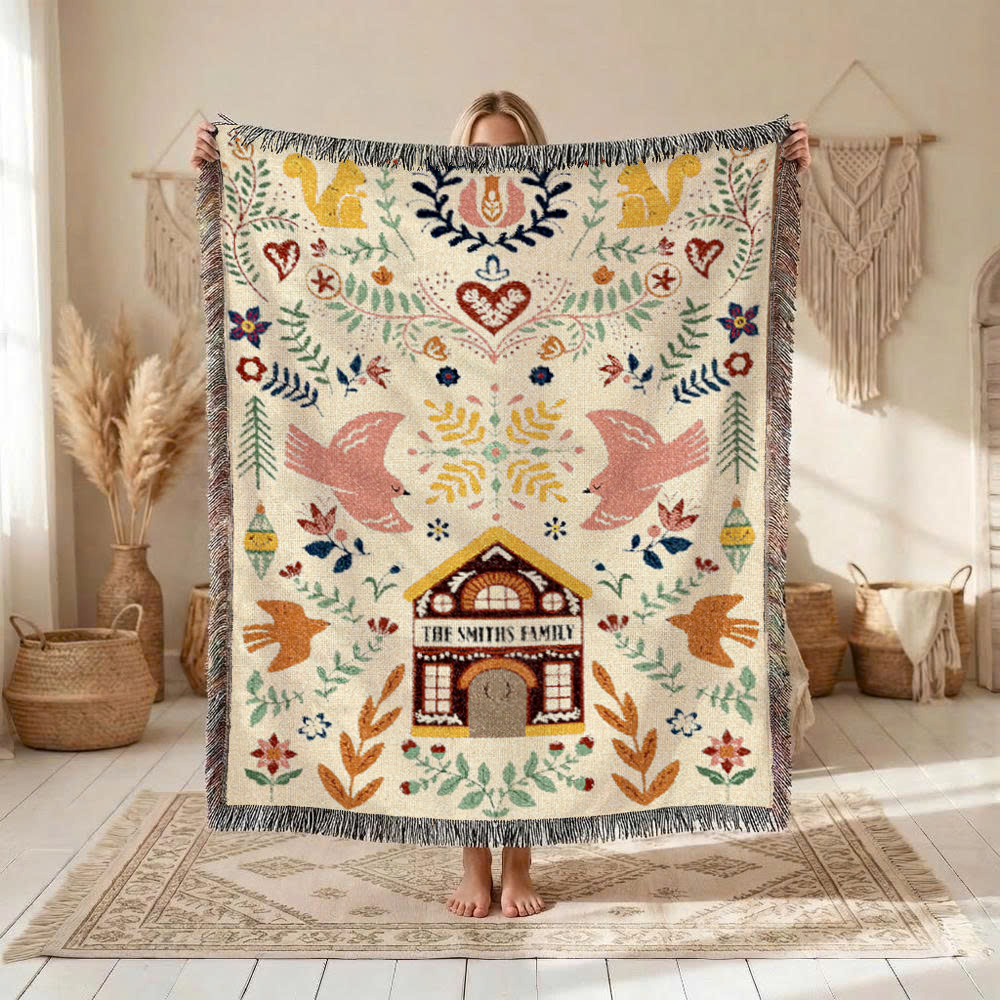 Personalized Family Garden Folk Art Pink Woven Blanket