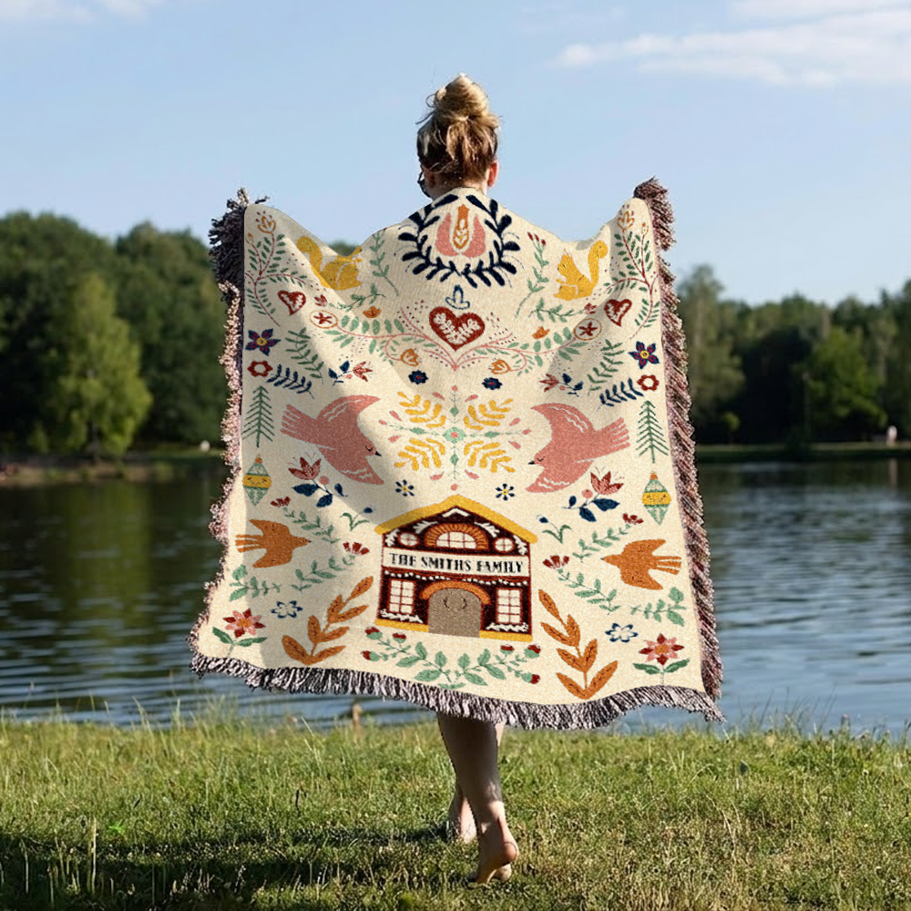 Personalized Family Garden Folk Art Pink Woven Blanket