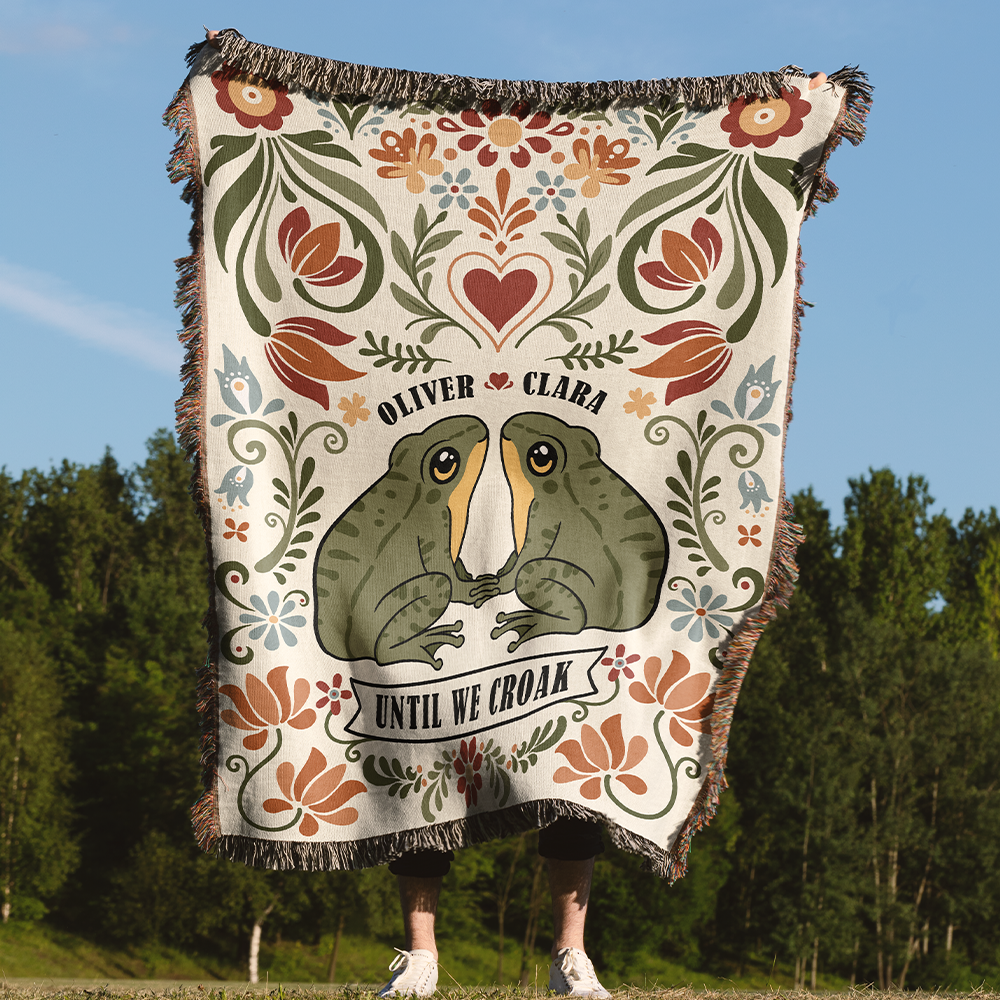 Personalized Couple Frog Folk Art Woven Blanket