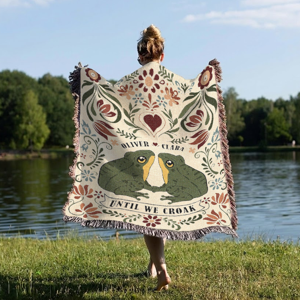 Personalized Couple Frog Folk Art Woven Blanket