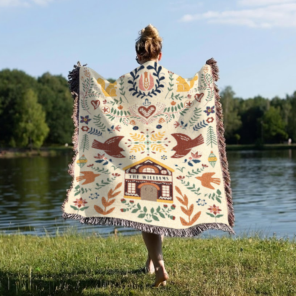 Personalized Family Garden Folk Art Red Woven Blanket