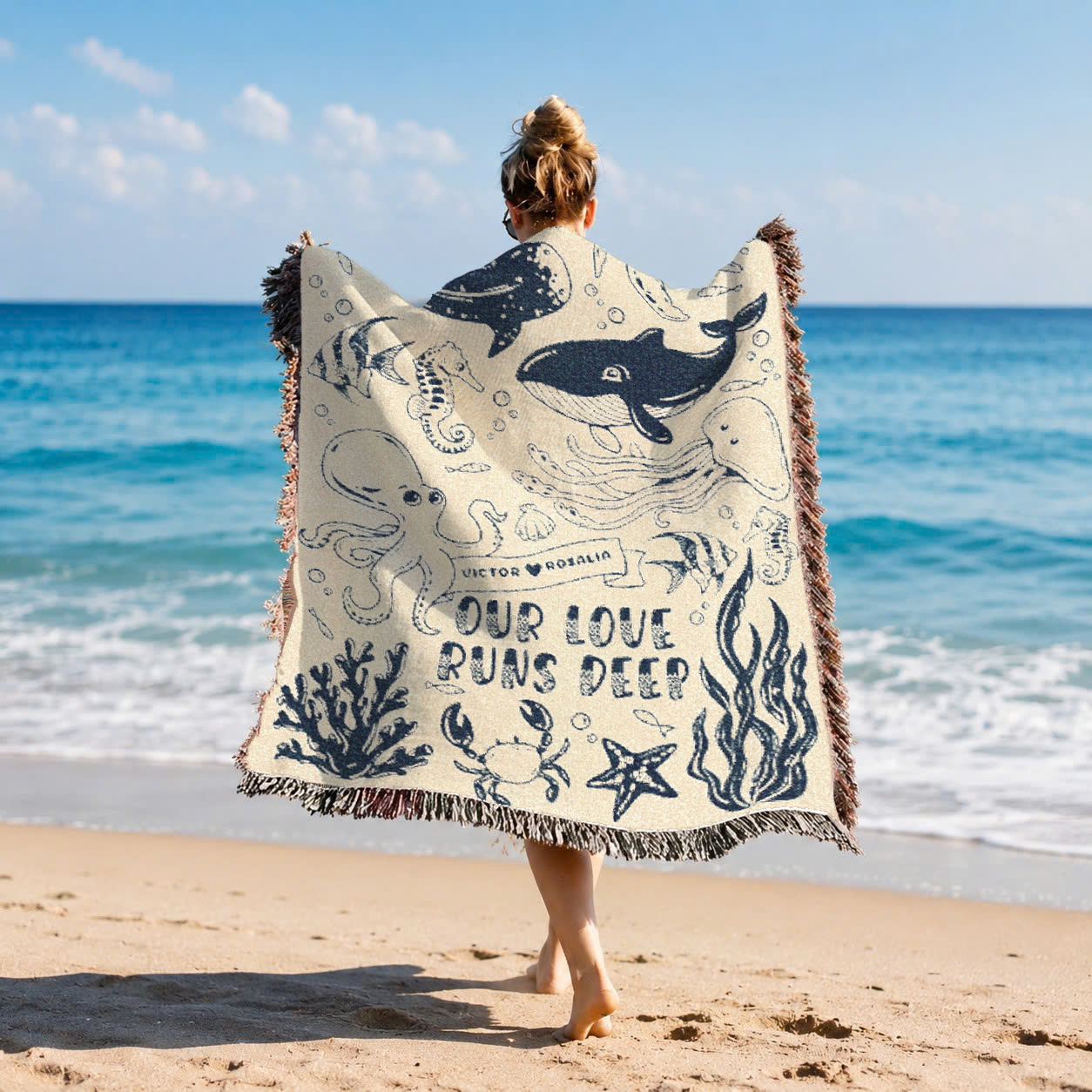 Personalized Ocean Deep Love Couple Woven Blanket