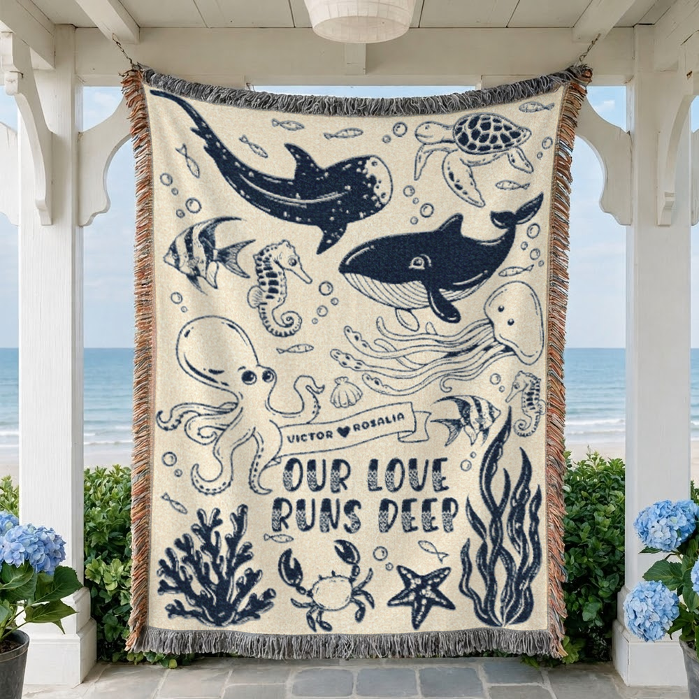 Personalized Ocean Deep Love Couple Woven Blanket