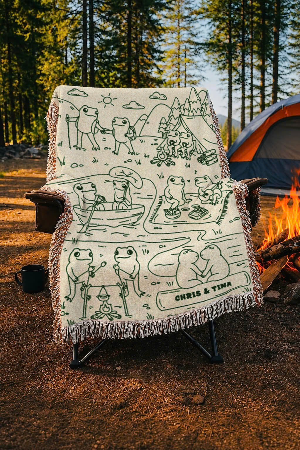 Personalized Couple Frog Camping Woven Blanket