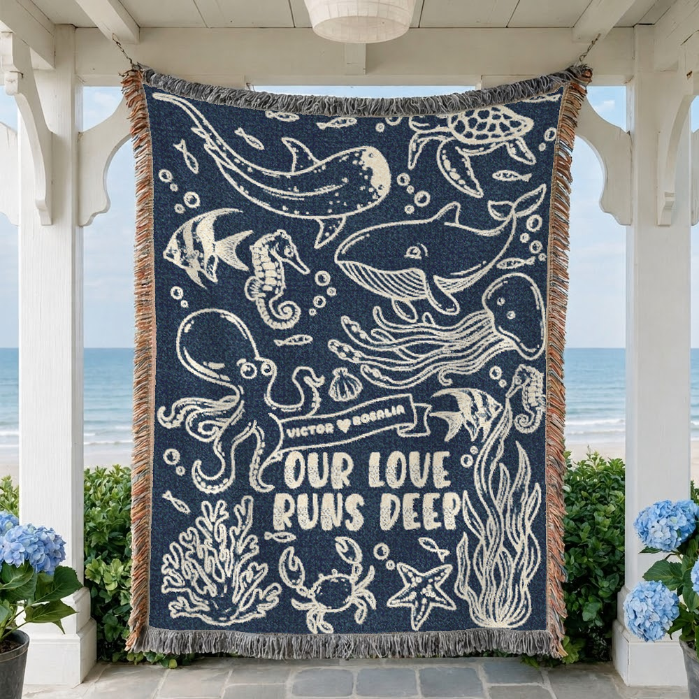 Personalized Blue Ocean Deep Love  Couple Woven Blanket
