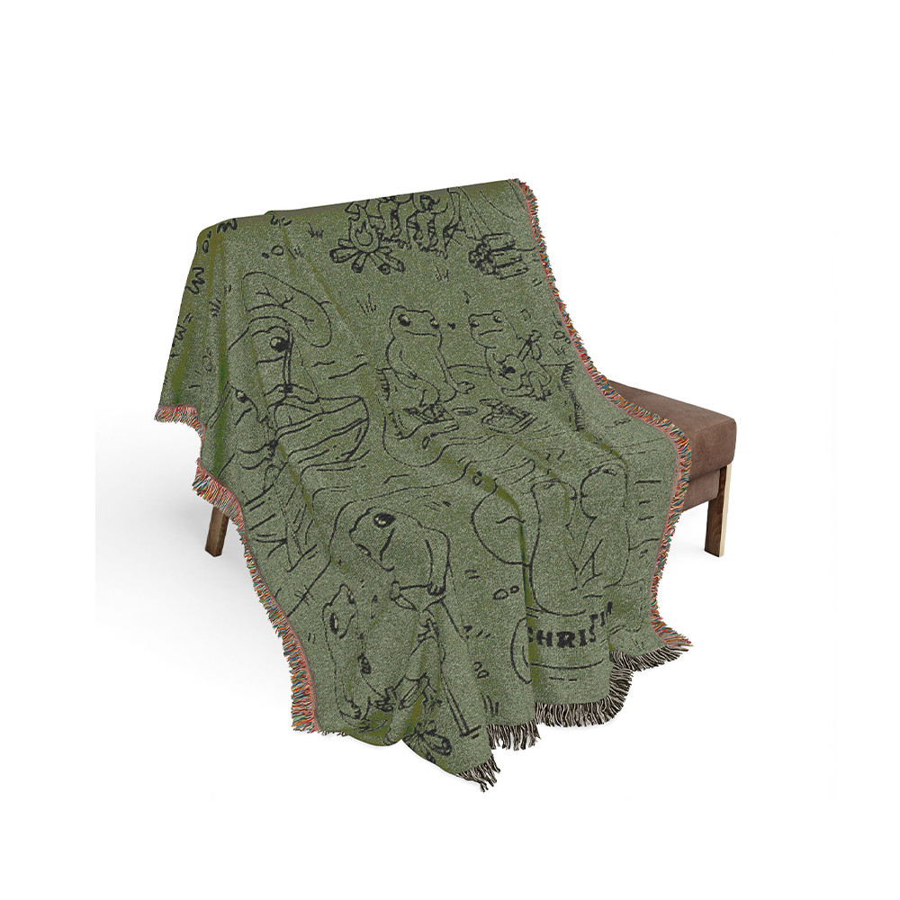 Personalized Couple Frog Camping Green Woven Blanket