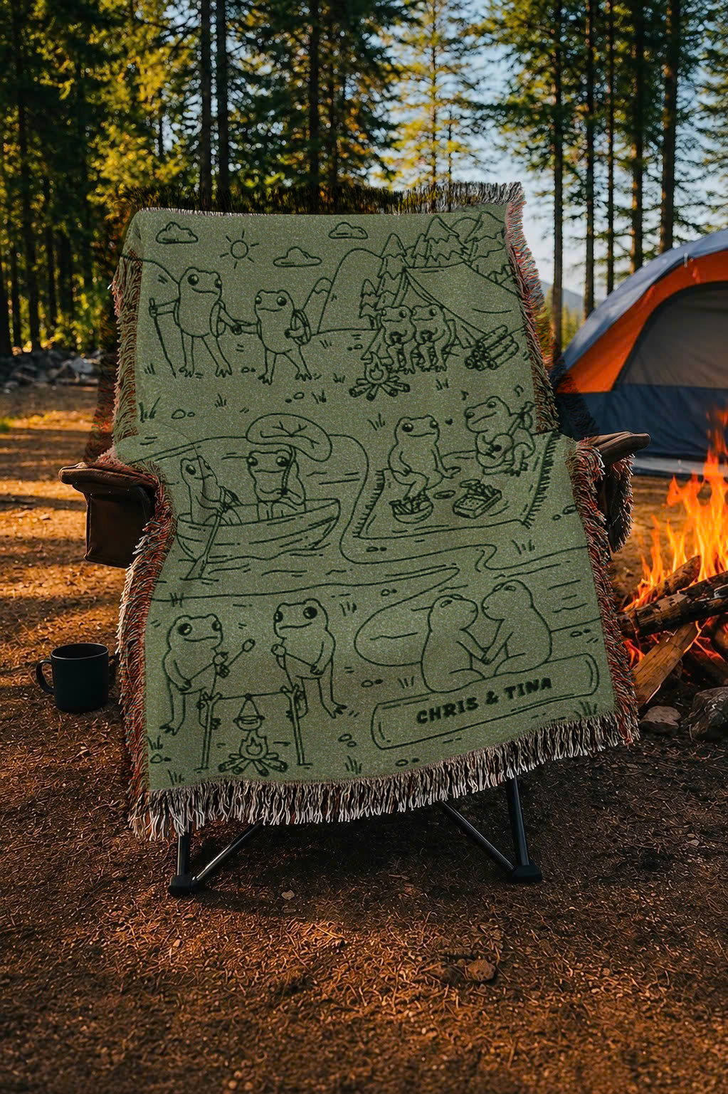 Personalized Couple Frog Camping Green Woven Blanket