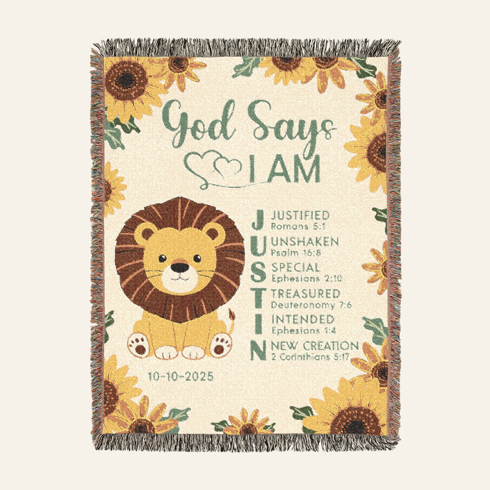 God Says I Am: Lion & Sunflower Scripture Affirmations For Babies - Personalized Woven Blanket