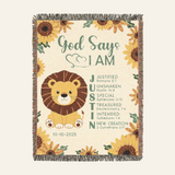 God Says I Am: Lion & Sunflower Scripture Affirmations For Babies - Personalized Woven Blanket
