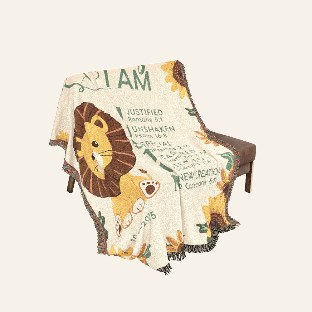 God Says I Am: Lion & Sunflower Scripture Affirmations For Babies - Personalized Woven Blanket