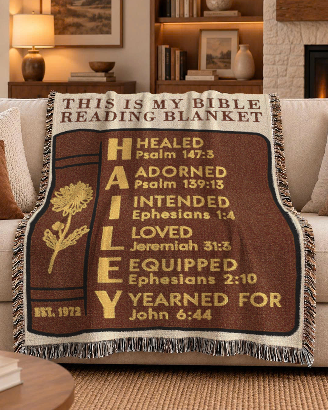 Vintage Bible Reading: Classic Books, Birth Flower & Scripture Affirmations - Personalized Woven Blanket
