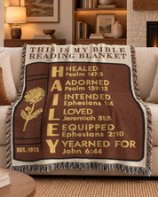 Vintage Bible Reading: Classic Books, Birth Flower & Scripture Affirmations - Personalized Woven Blanket