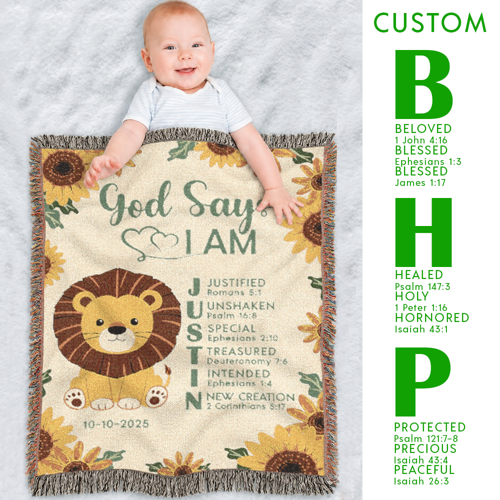 God Says I Am: Lion & Sunflower Scripture Affirmations For Babies - Personalized Woven Blanket