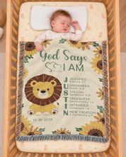 God Says I Am: Lion & Sunflower Scripture Affirmations For Babies - Personalized Woven Blanket
