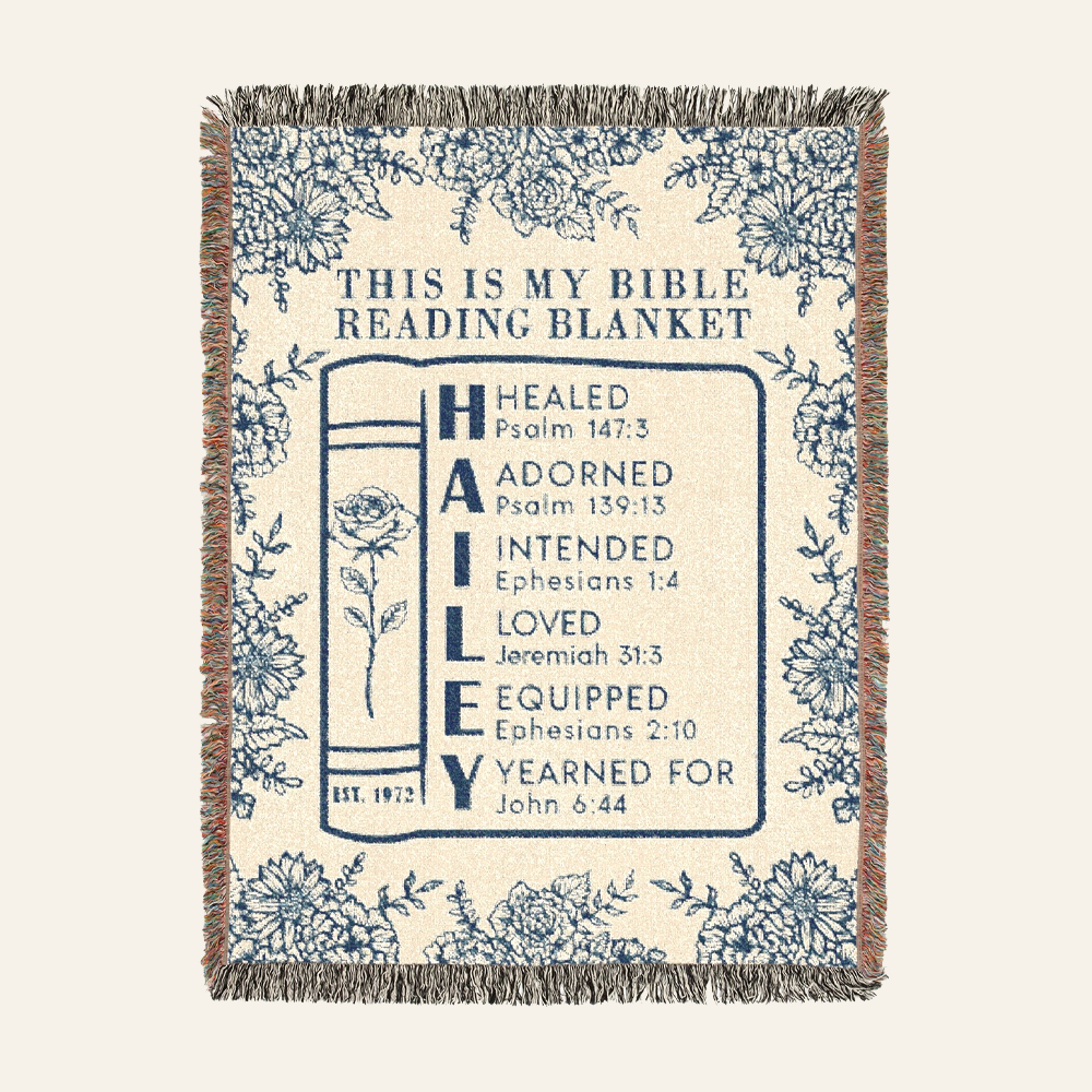 This Is My Bible Reading Blanket: Blue Toile, Birth Flower & Scripture - Personalized Woven Blanket