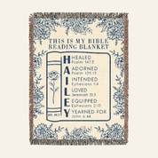 This Is My Bible Reading Blanket: Blue Toile, Birth Flower & Scripture - Personalized Woven Blanket