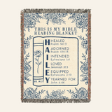 This Is My Bible Reading Blanket: Blue Toile, Birth Flower & Scripture - Personalized Woven Blanket