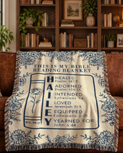 This Is My Bible Reading Blanket: Blue Toile, Birth Flower & Scripture - Personalized Woven Blanket