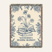 Blue Toile Book Spines, Birth Flower & Est. Year For Readers - Personalized Woven Blanket