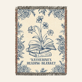 Blue Toile Book Spines, Birth Flower & Est. Year For Readers - Personalized Woven Blanket