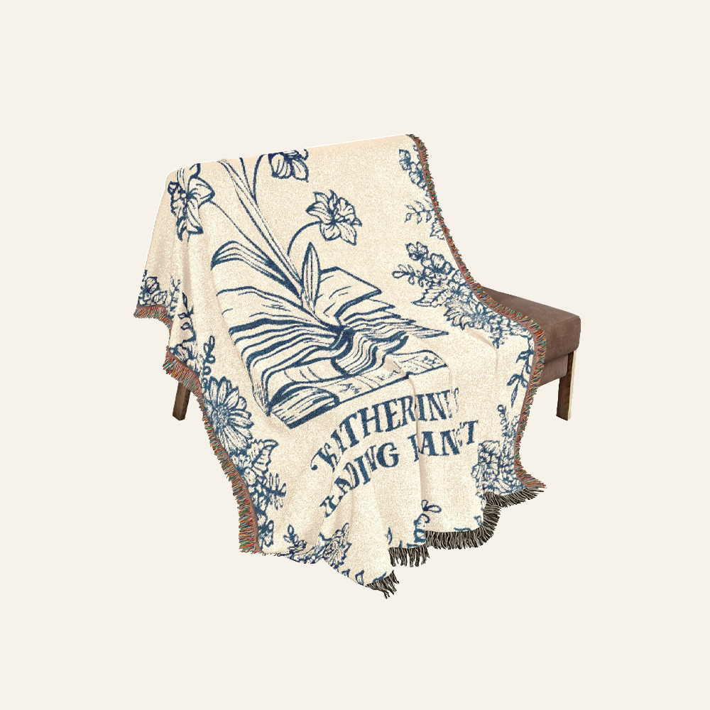 Blue Toile Book Spines, Birth Flower & Est. Year For Readers - Personalized Woven Blanket
