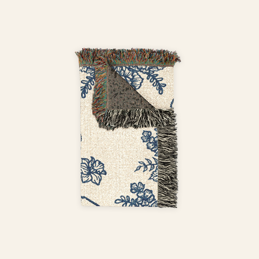 Blue Toile Book Spines, Birth Flower & Est. Year For Readers - Personalized Woven Blanket