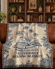 Blue Toile Book Spines, Birth Flower & Est. Year For Readers - Personalized Woven Blanket