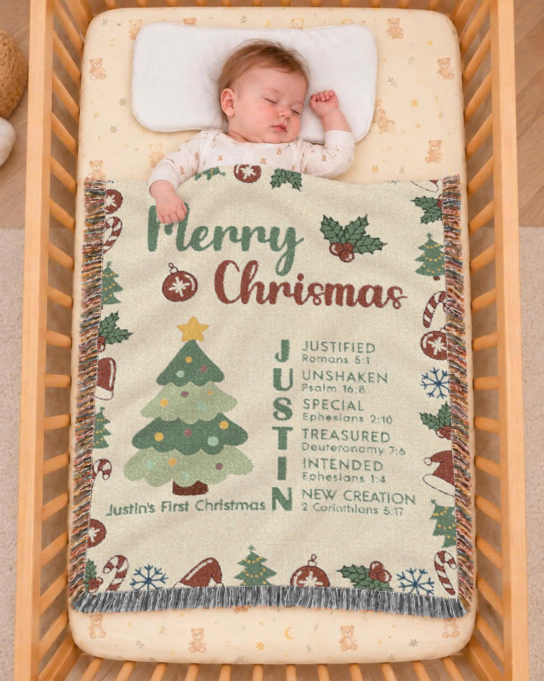 Merry Christmas: Custom Baby Name & Scripture Affirmations - Personalized Woven Blanket