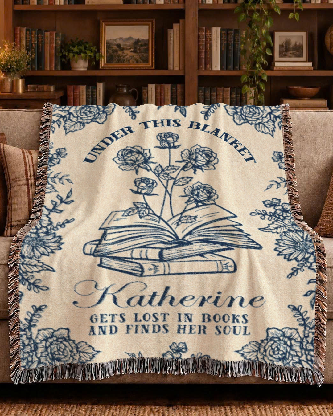 Lost In Books: Birth Flower Keepsake For Book Lovers - Personalized Woven Blanket