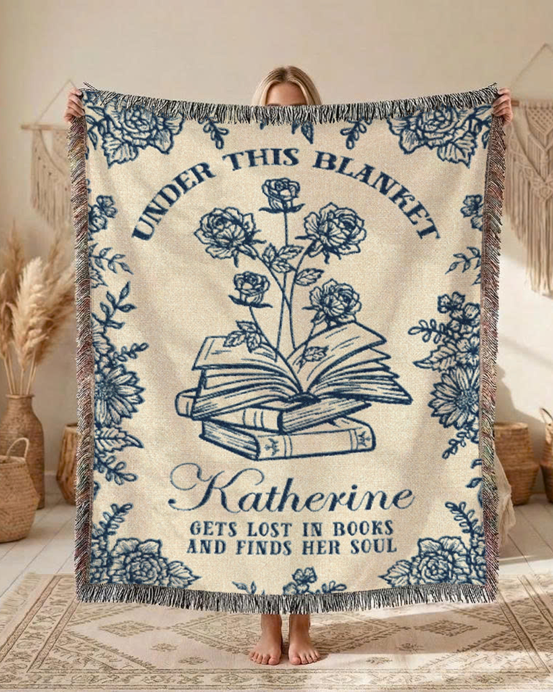 Lost In Books: Birth Flower Keepsake For Book Lovers - Personalized Woven Blanket