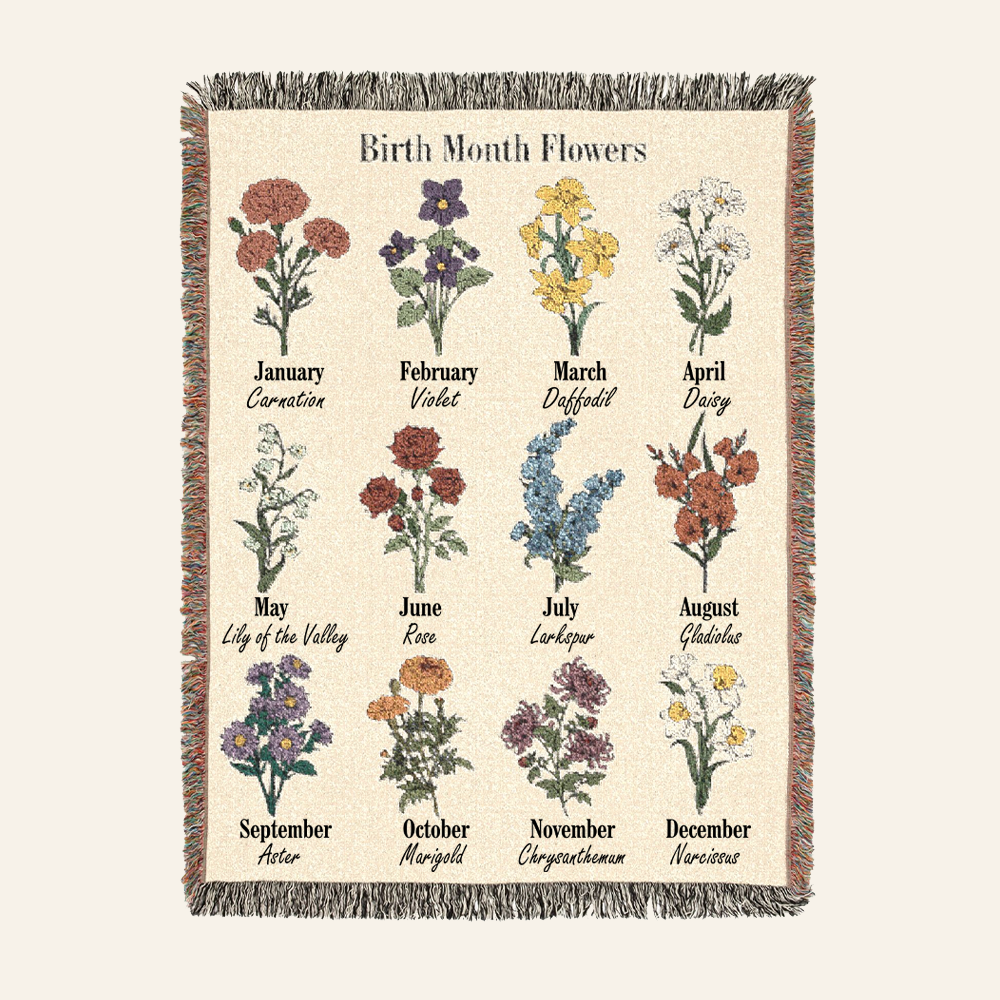 Retro Sunset & Birth Flower For Book Lovers - Personalized Woven Blanket