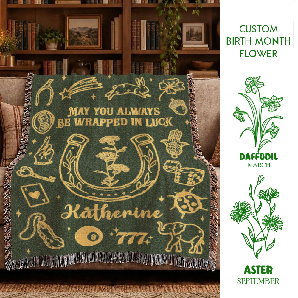 Wrapped In Luck: Birth Month Flower & Good Fortune - Personalized Woven Blanket