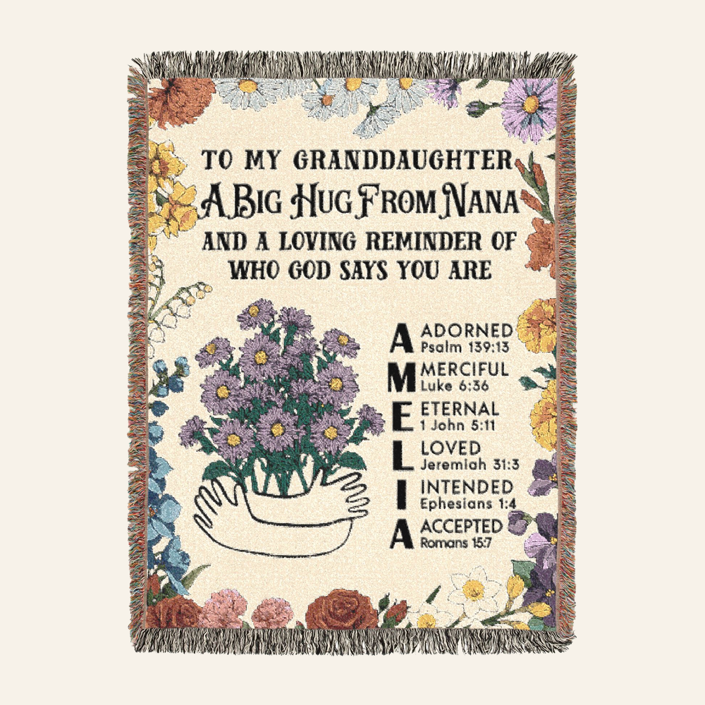 To My Granddaughter: "God Says You Are" Scripture Affirmations & Birth Flower - Personalized Woven Blanket