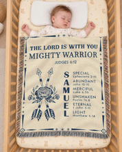 Mighty Warrior: Birth Flower & Scripture Blessings For Baby Boys - Personalized Woven Blanket