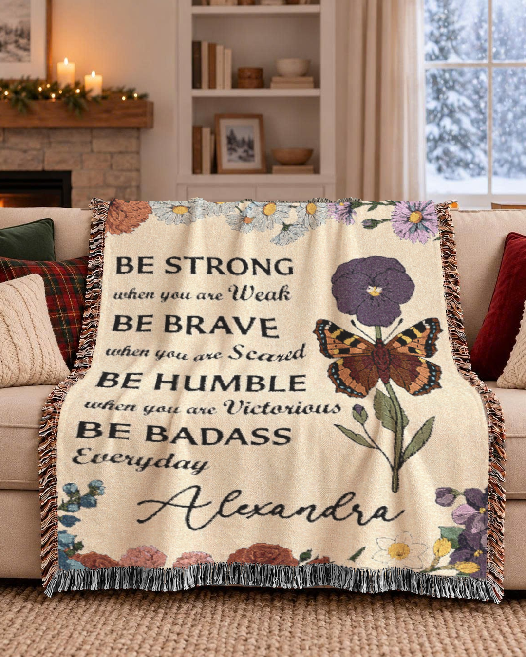 Be Strong & Be Brave Inspirational Quote With Birth Flower - Personalized Woven Blanket