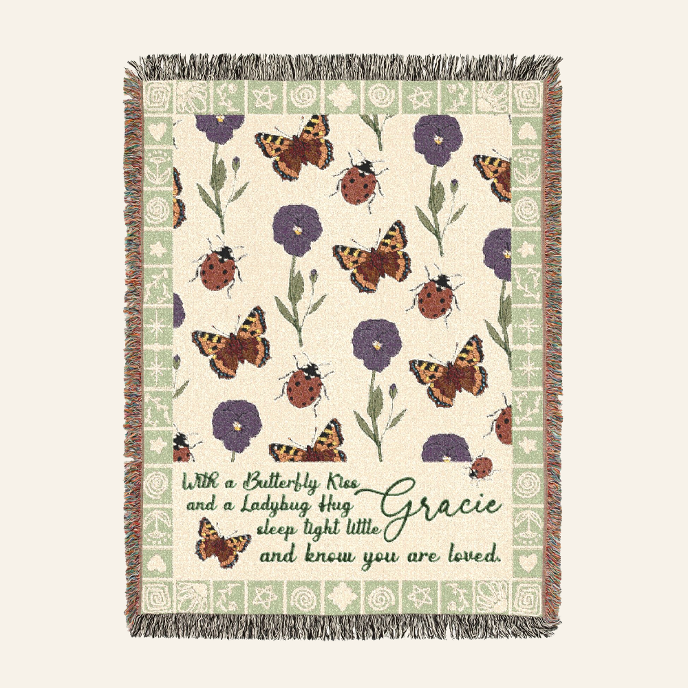 Butterfly Kisses & Ladybug Hugs With Birth Flower For Babies - Personalized Woven Blanket