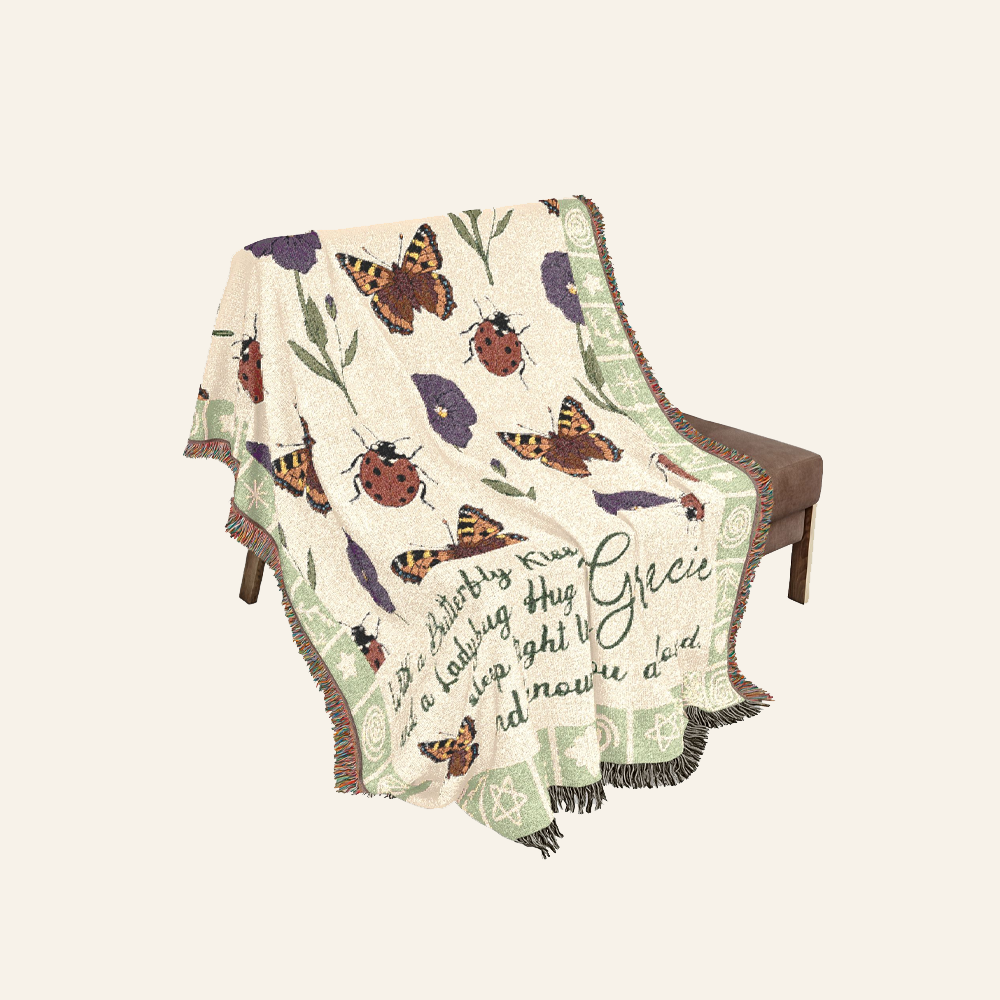 Butterfly Kisses & Ladybug Hugs With Birth Flower For Babies - Personalized Woven Blanket